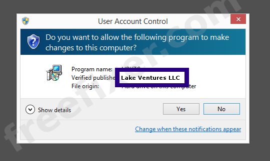 Screenshot where Lake Ventures LLC appears as the verified publisher in the UAC dialog